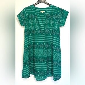 Ruby Yaya boho embroidered split v-neck a-line dress, green, blue, cotton, small